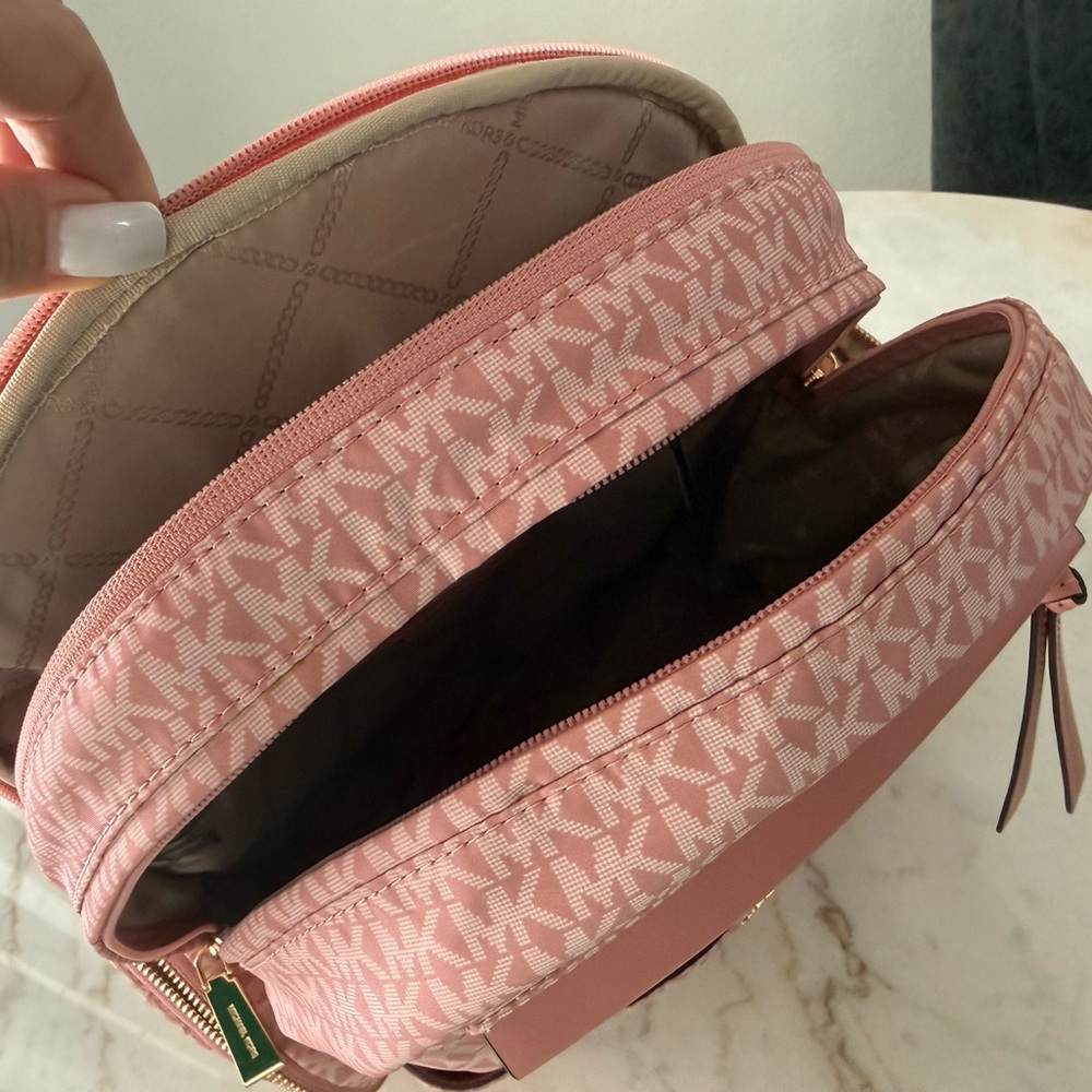 Michael Kors Pink Prescott Large Signature Logo Print Woven Backpack - Picture 9 of 15